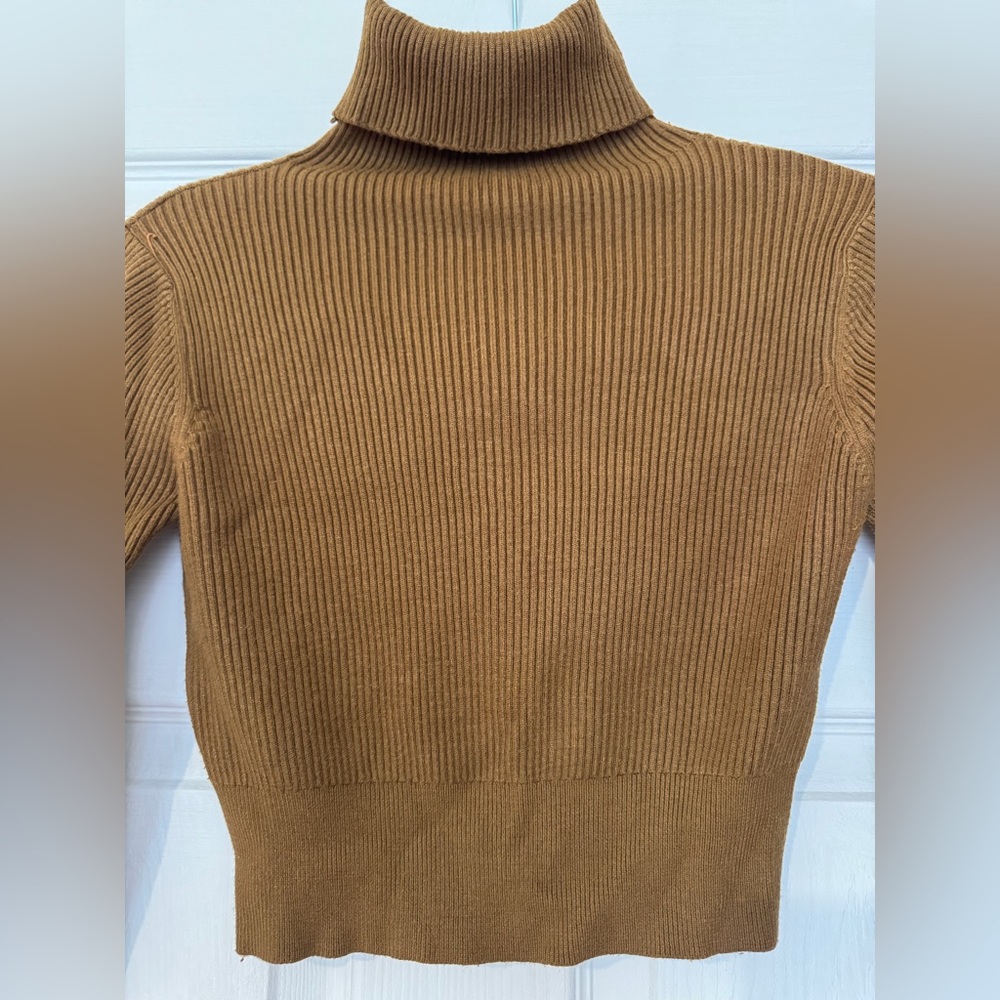 Ribbed Turtleneck Sweater - Brown crop top.